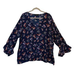 Sancturary Floral Blouse Blue V Neck Bell Sleeves Button Front Shirt